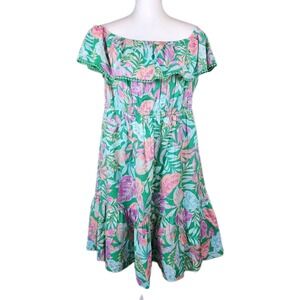 Terra & Sky Off Shoulder Dress Womens 2X Pink Green Cotton Pockets Summer Resort
